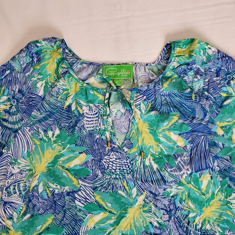Pappagallo Women's Long Sleeve Tie Neck Printed Colette Top Blue/Green Sz Large‎ - Picture 5 of 10